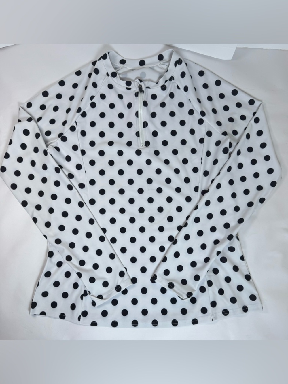 Polka Dot Long Sleeve Zip Swim Top - White with Navy Dots- UPF 50- Large